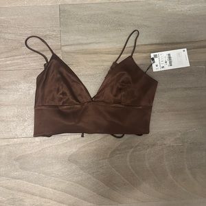 Zara satin effect crop top brown